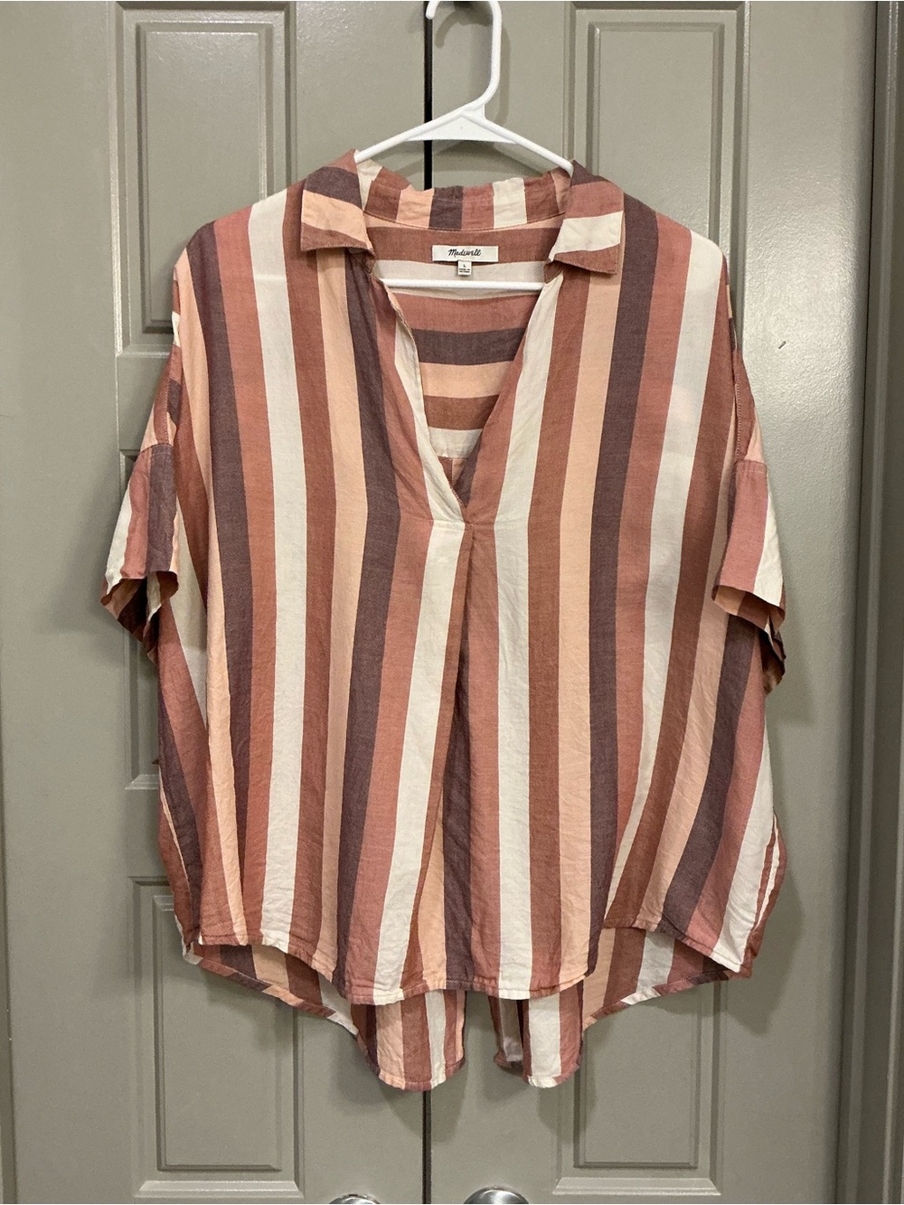 Madewell Striped Collared V-Neck Top Cream Pink Tan Size Large Like New